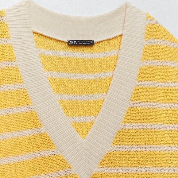 Yellow and White Striped Zara V-Neck Sleeveless Knit Sweater (NWT) - Picture 4 of 9